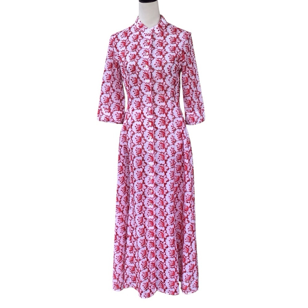 Evi Grintela Red White Eyelet Embroidered Floral Shirt Dress
